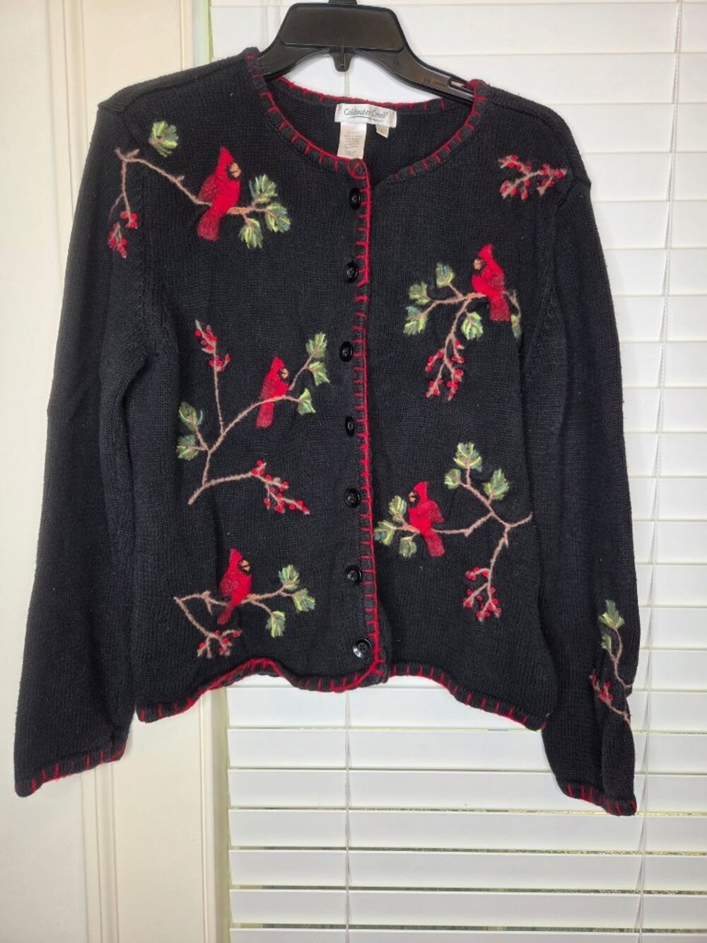 Coldwater Creek Christmas Cardigan Sweater L Red Cardinal Embroidered Holiday